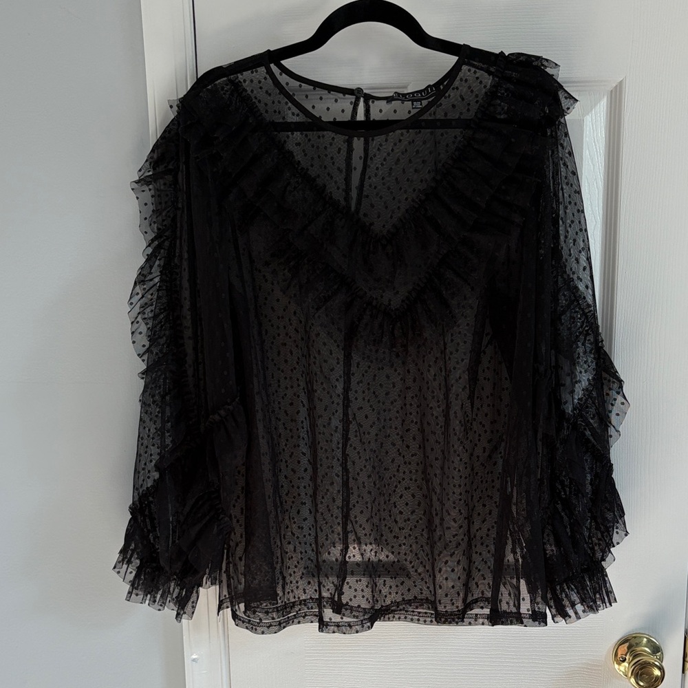 Eloquii Black Mesh Sheer Polka Dot Long Sleeve Ruffle Blouse Size 18/20
